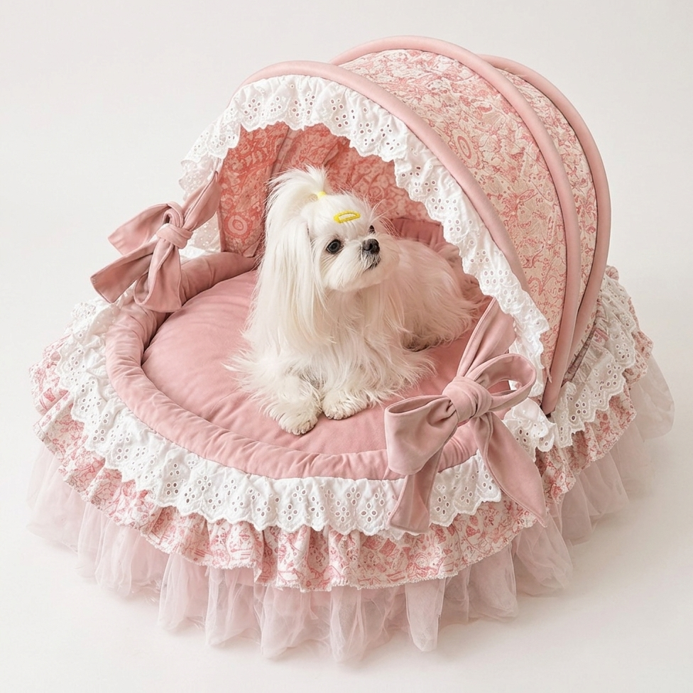 Luxury Princess Canopy Dog Bed Pink Lace Pet Nest with Removable Cushion