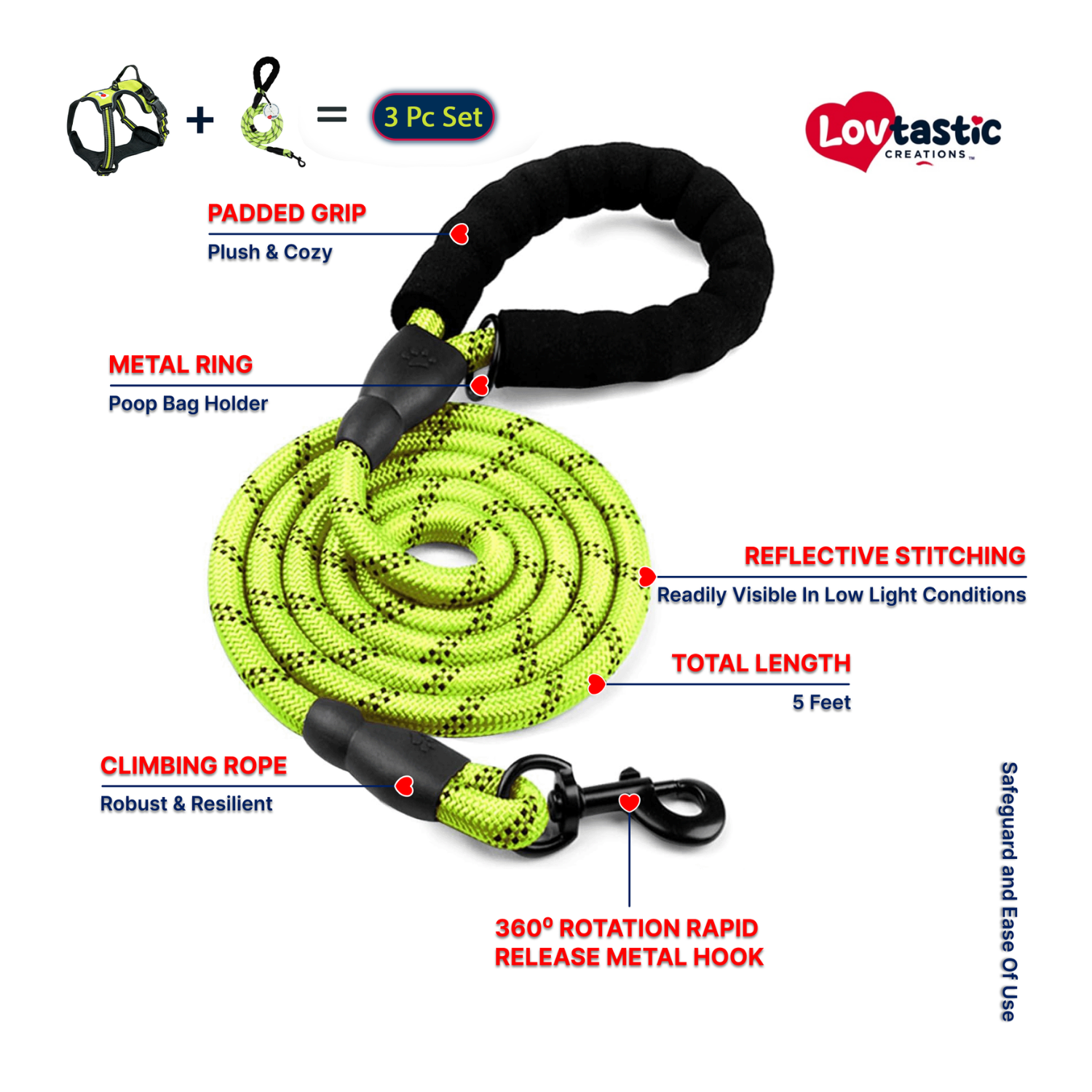 Lovtastic Creations™ No-Pull Dog Harness - with Strong & Durable Dog Leash & Free Poopbag Holder 3pcs Set | Reflective No-Choke Pet Harness