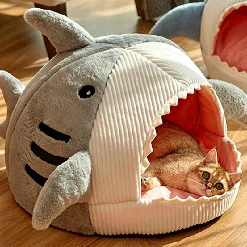 Cute Shark Cat Bed Cave (Up to 20.9 in) - Enclosed Portable Pet Tent Winter Warm