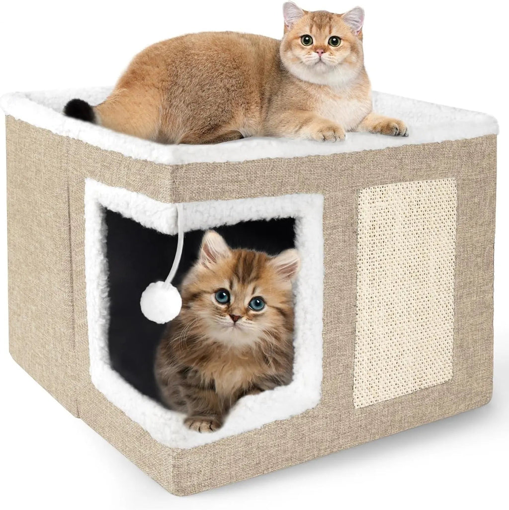 Indoor Cat House Cube with Bed, Scratch Pad & Toy Ball, Foldable Condo