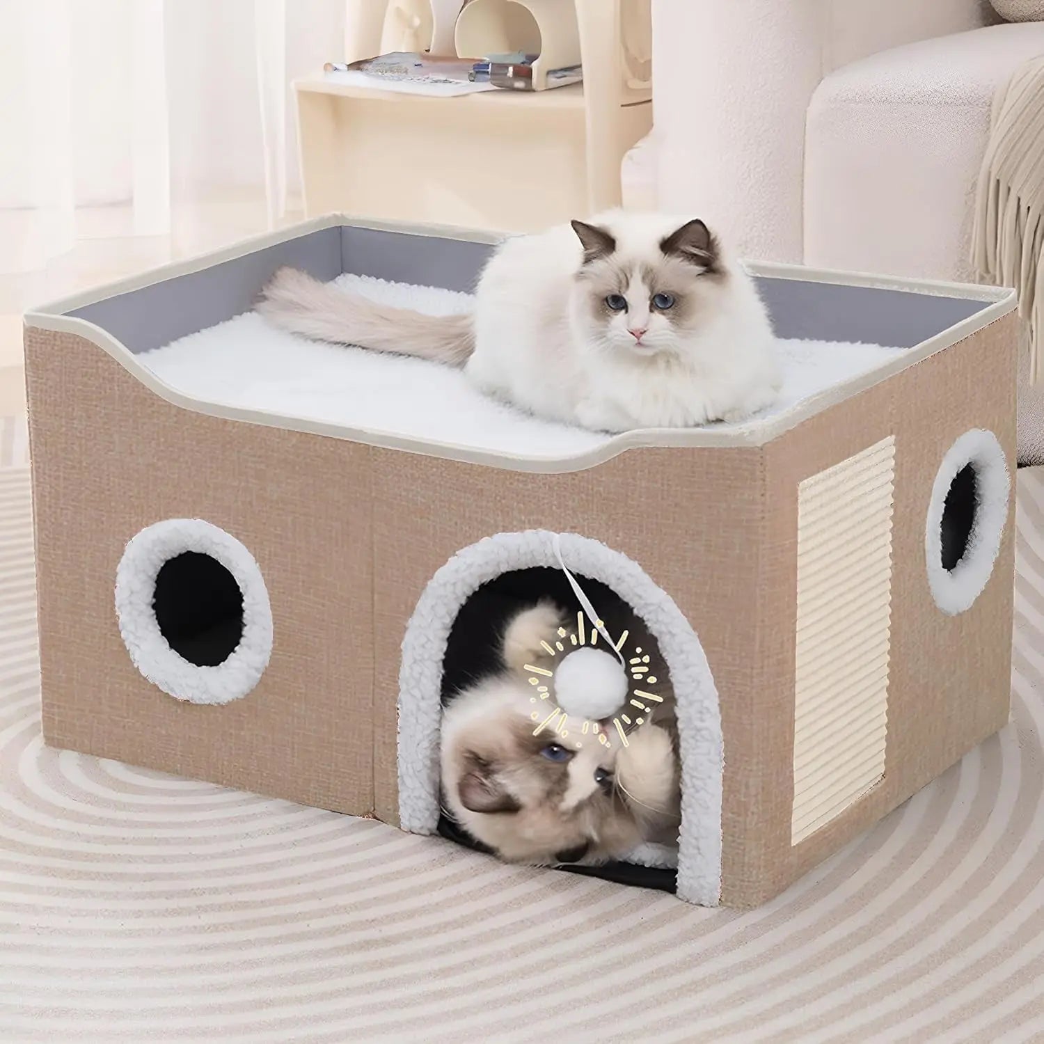 Indoor Cat House Cube with Bed, Scratch Pad & Toy Ball, Foldable Condo