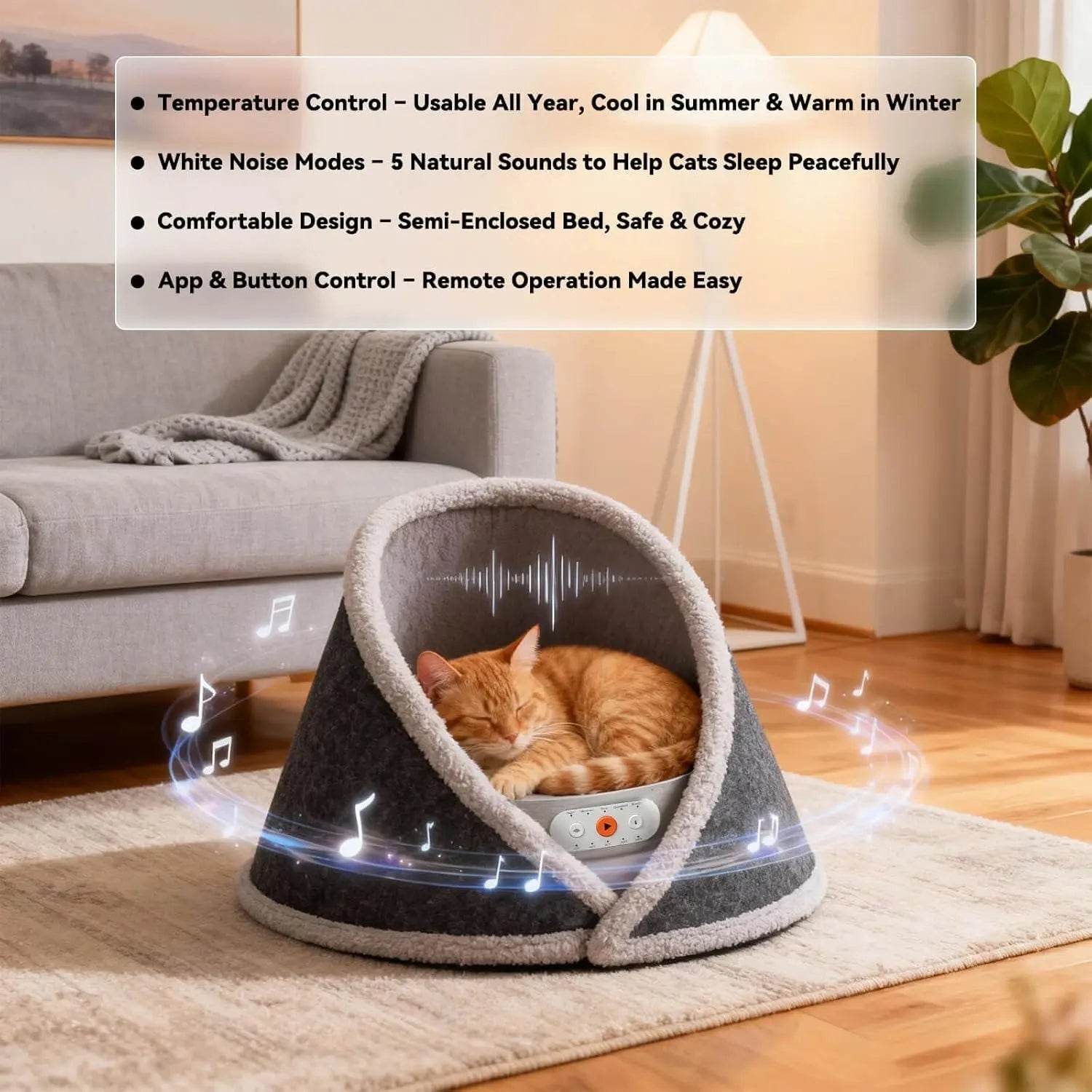 Indoor Heated & Cooling Cat Cave Bed with White Noise Smart Temperature Cat Bed