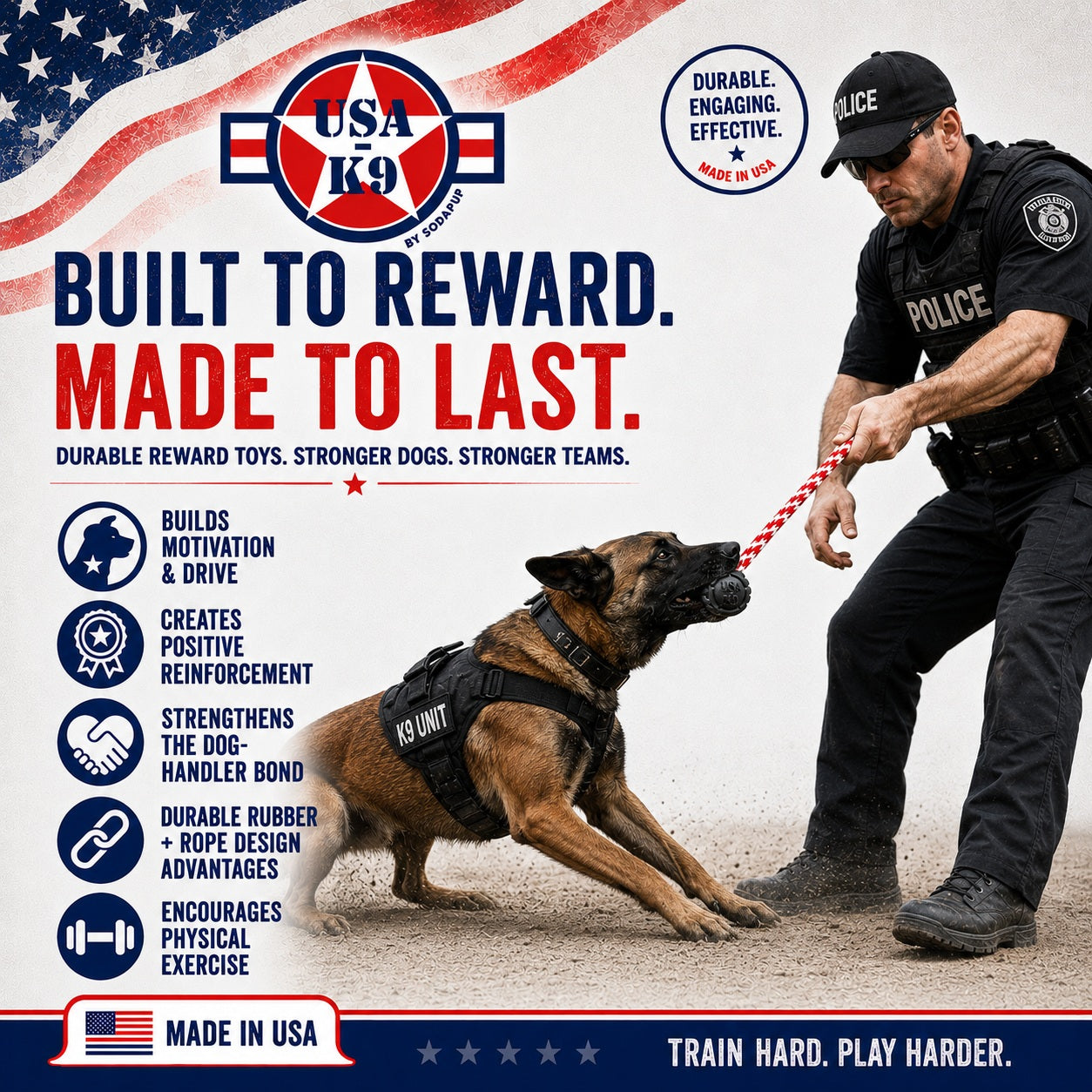 USA-K9 Magnum Stars and Stripes Rubber Dog Toy | K9 Handler Reward Toy | USA Made