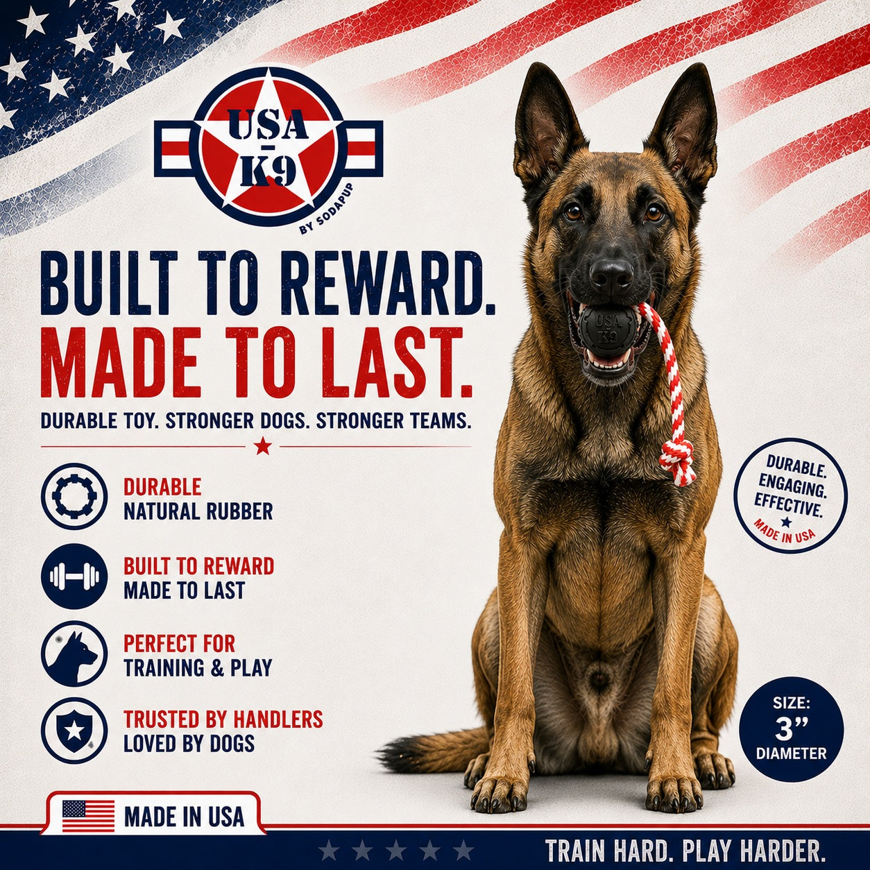 USA-K9 Magnum Stars and Stripes Rubber Dog Toy | K9 Handler Reward Toy | USA Made