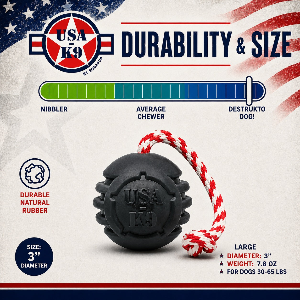 USA-K9 Magnum Stars and Stripes Rubber Dog Toy | K9 Handler Reward Toy | USA Made
