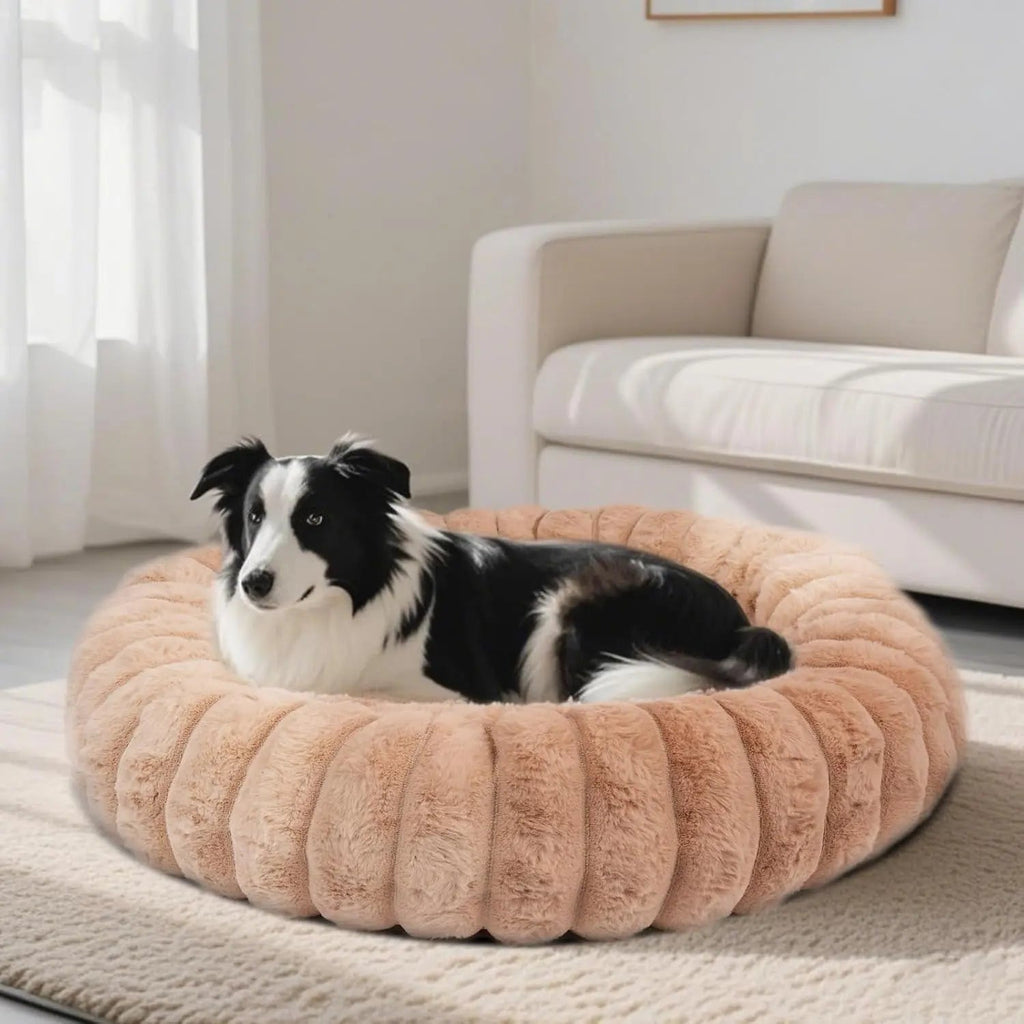 Luxury Donut Dog & Cat Bed, Faux Fur Calming Pet Bed with Non-Slip Base