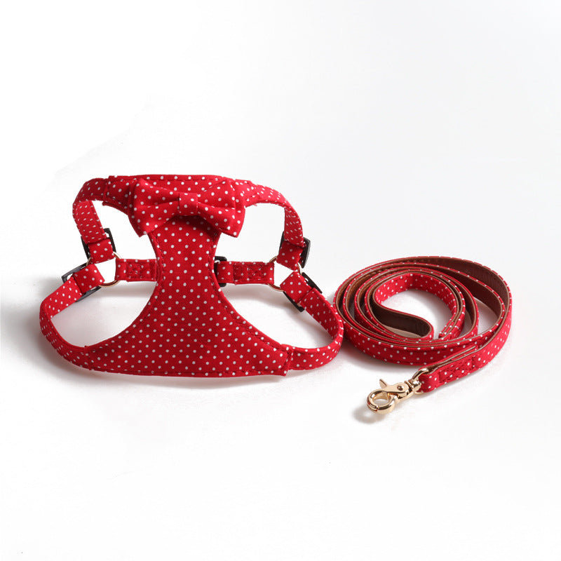 Red Polka Dot Dog Harness and Leash Set with Bow Cute Adjustable Puppy Vest