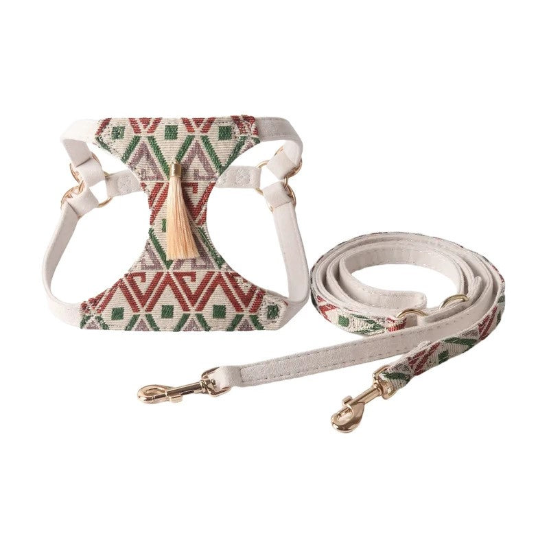 Boho Tassel Dog Harness and Leash Set Adjustable Tribal Pattern Puppy Vest