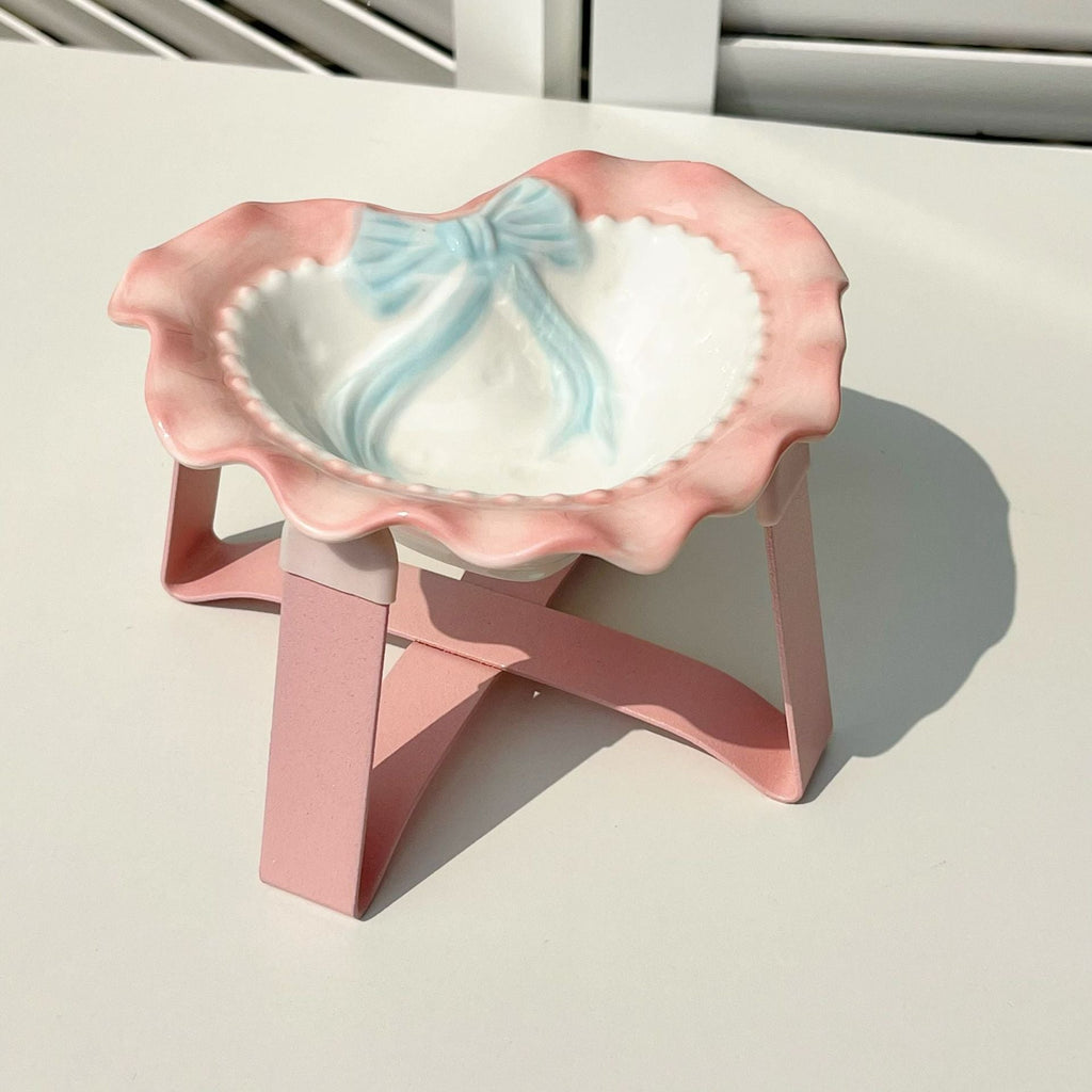 Scalloped Bow Ceramic Pet Bowl with Stand