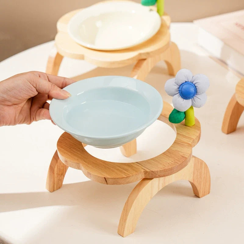 Elevated Ceramic Dog Bowl with Stand Wooden Raised Pet Feeder Anti-Spill Cat Dog Bowl for Small Dogs Neck Protection Feeding Stand