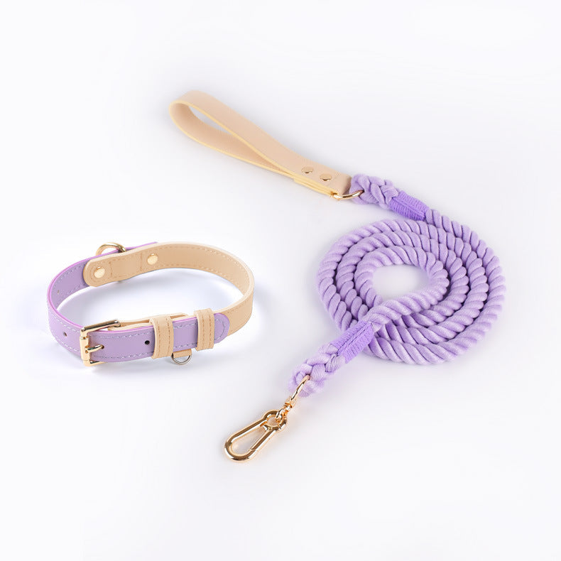 Boutique Pastel Dog Collar and Rope Leash Set – Adjustable Leather Pet Collar with Soft Cotton Lead for Small & Medium Dogs