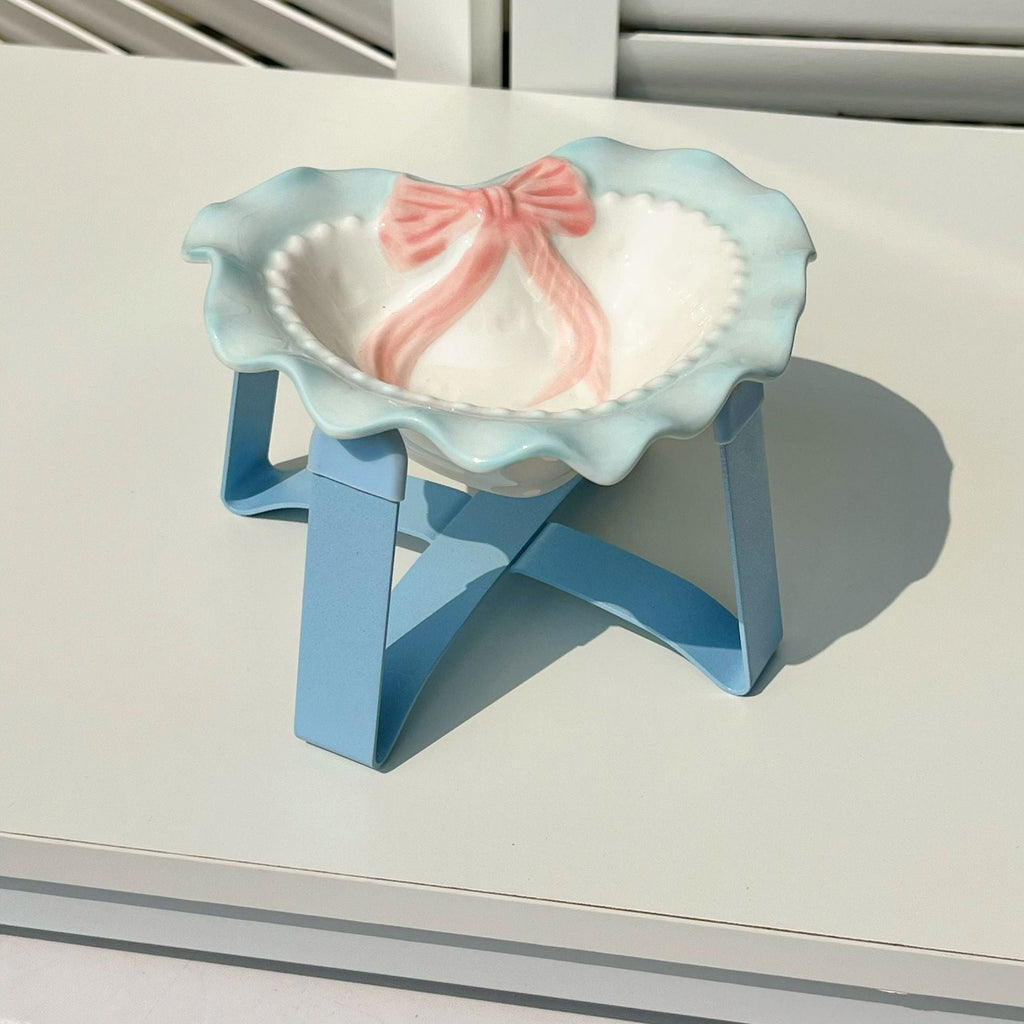Scalloped Bow Ceramic Pet Bowl with Stand