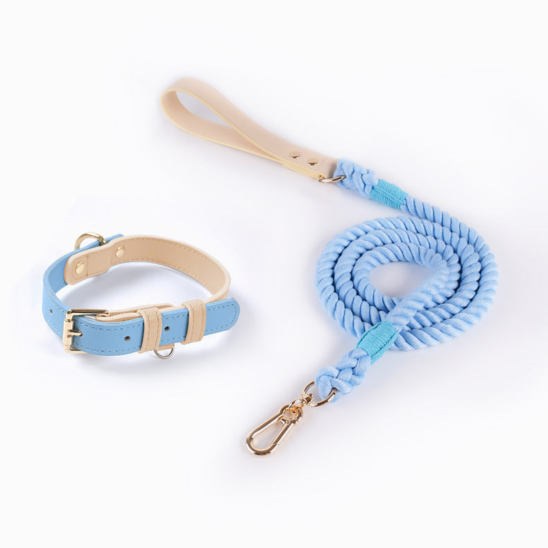 Boutique Pastel Dog Collar and Rope Leash Set – Adjustable Leather Pet Collar with Soft Cotton Lead for Small & Medium Dogs