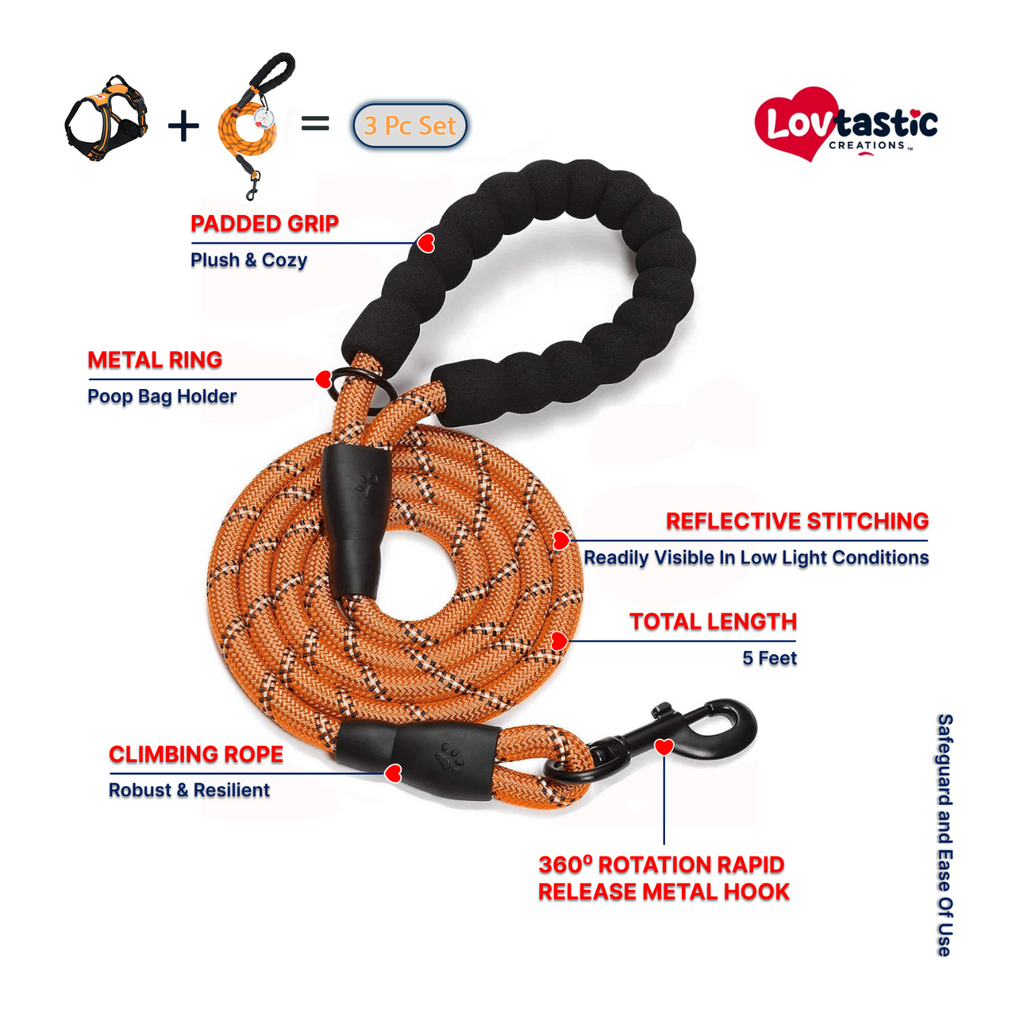 Lovtastic Creations™ No-Pull Dog Harness - with Strong & Durable Dog Leash & Free Poopbag Holder 3pcs Set | Reflective No-Choke Pet Harness