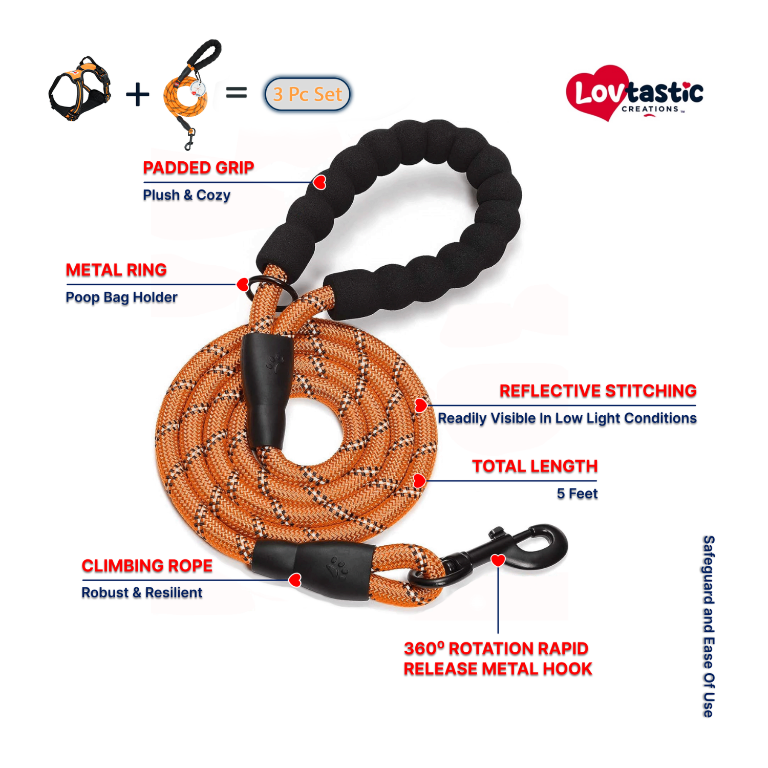 Lovtastic Creations™ No-Pull Dog Harness - with Strong & Durable Dog Leash & Free Poopbag Holder 3pcs Set | Reflective No-Choke Pet Harness