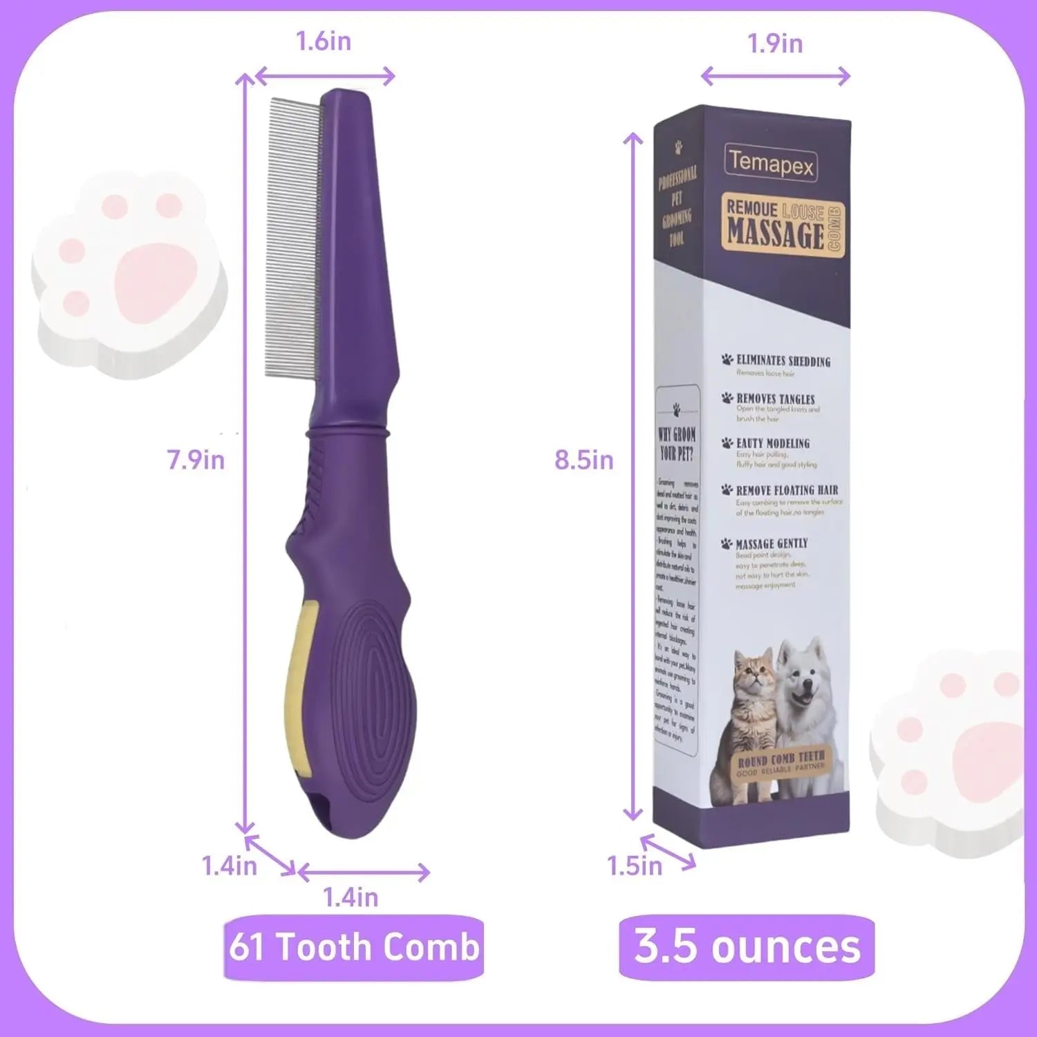 Pet Flea Comb Stainless Steel Teeth Detangling Grooming Tool Dogs Cats
