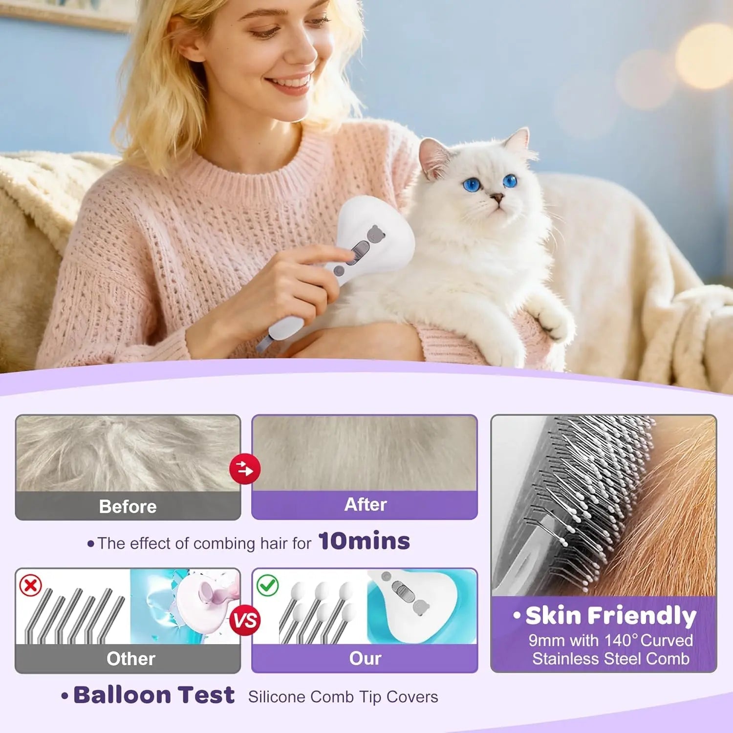 Pet Grooming Brush for Cats & Dogs- Self Cleaning Rechargeable Deshedding
