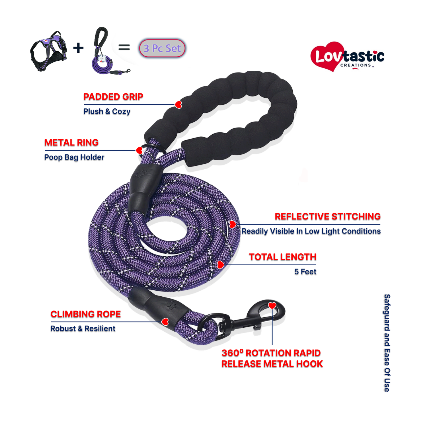 Lovtastic Creations™ No-Pull Dog Harness - with Strong & Durable Dog Leash & Free Poopbag Holder 3pcs Set | Reflective No-Choke Pet Harness