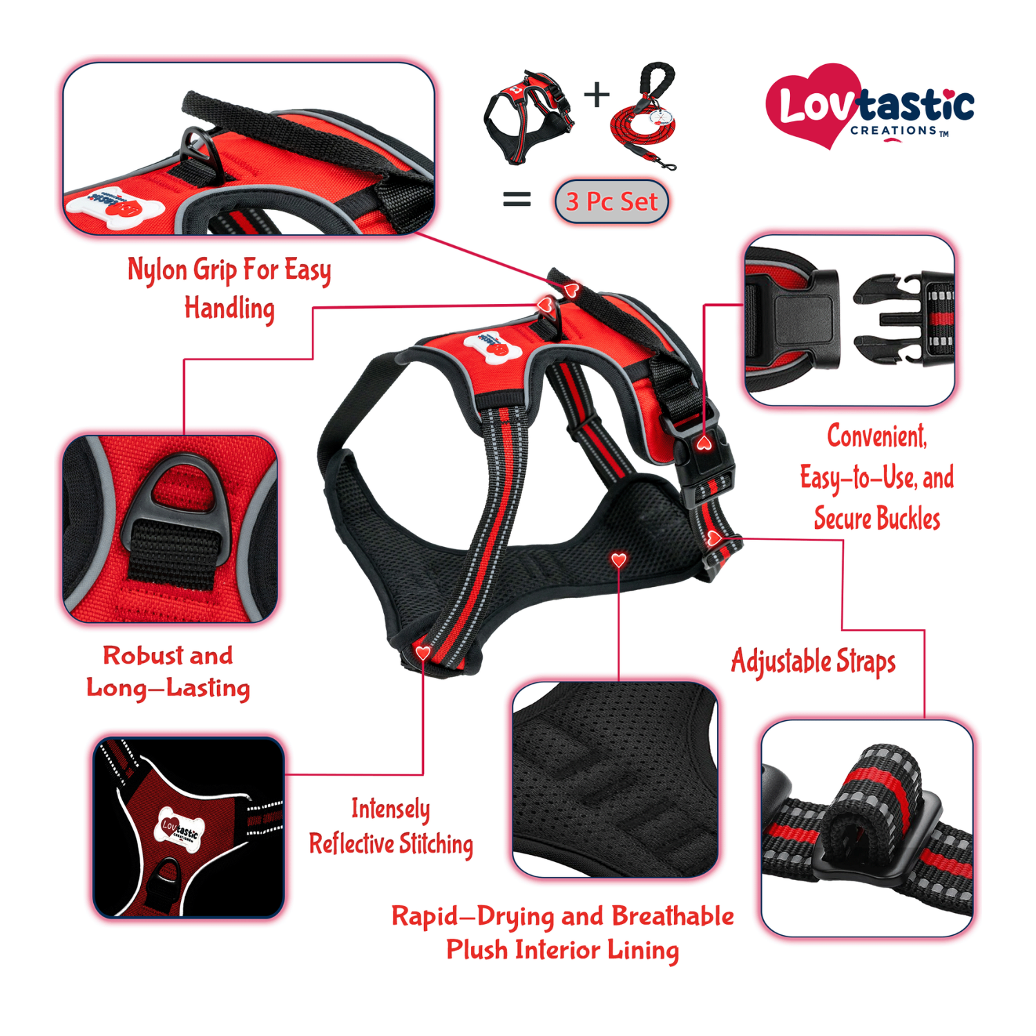 Lovtastic Creations™ No-Pull Dog Harness - with Strong & Durable Dog Leash & Free Poopbag Holder 3pcs Set | Reflective No-Choke Pet Harness