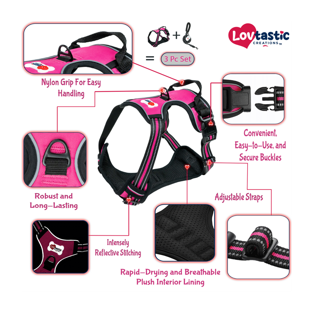 Lovtastic Creations™ No-Pull Dog Harness - with Strong & Durable Dog Leash & Free Poopbag Holder 3pcs Set | Reflective No-Choke Pet Harness