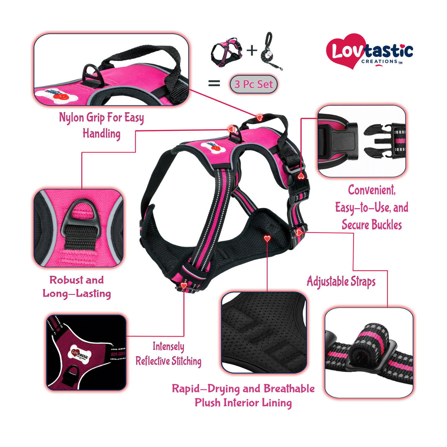 Lovtastic Creations™ No-Pull Dog Harness - with Strong & Durable Dog Leash & Free Poopbag Holder 3pcs Set | Reflective No-Choke Pet Harness