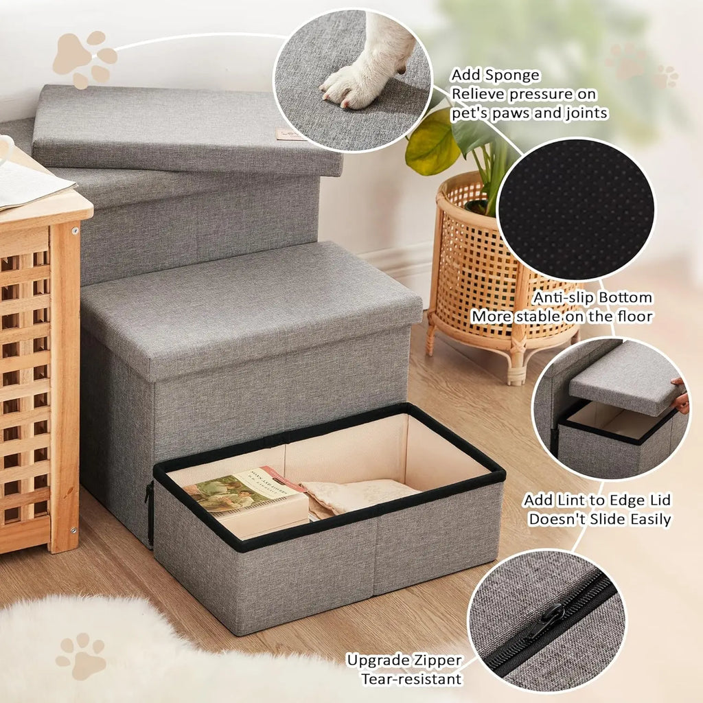 Dog Stairs for High Bed 18" H, Foldable Pet Stairs for Small Medium or Large Dogs Puppy with Storage for Bed or Cou