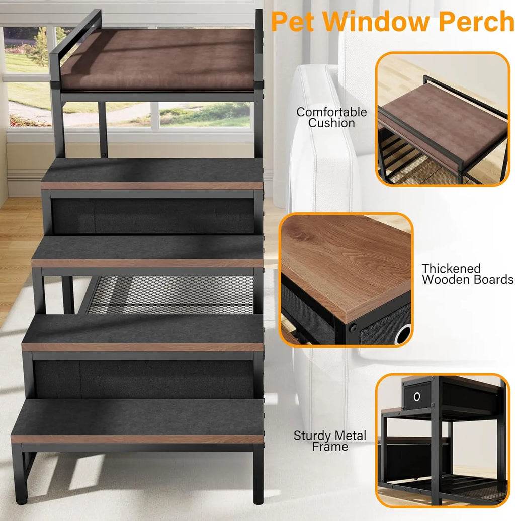 Dog/Cat Window Perch with Stairs and Seat Cushion, Pet Bunk Bed with Storage Drawers, Bedside Dogs Cot for Small, Medium Cats &