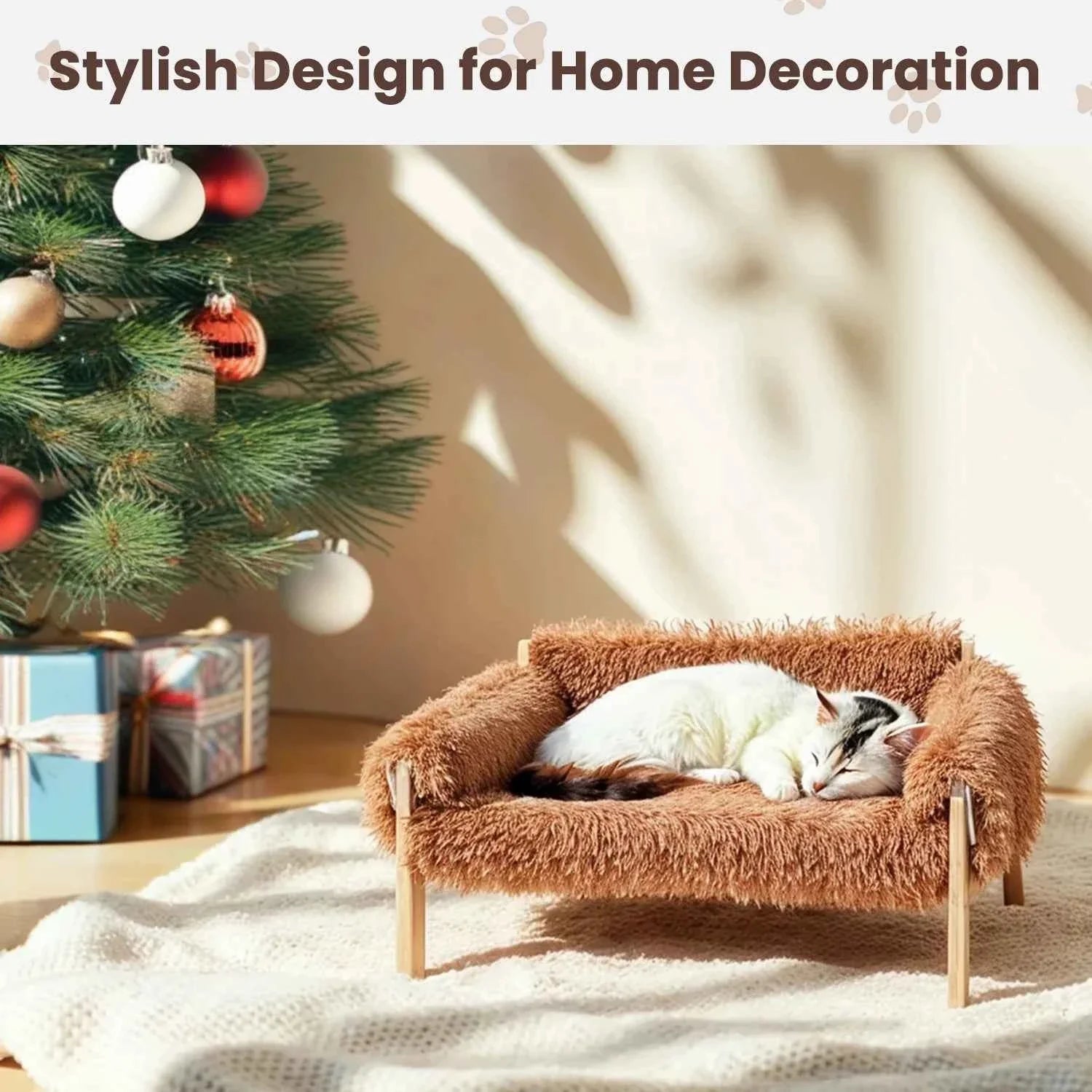 Raised Cat Sofa Bed with Wooden Legs – Plush Pet Couch for Cats and Small Dogs