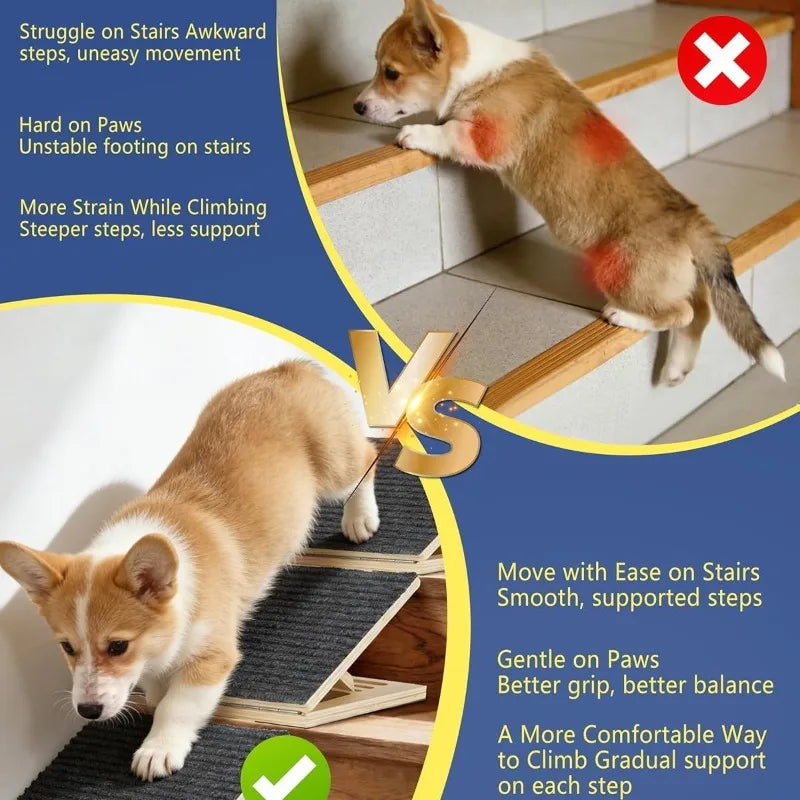 Foldable Wood Pet Ramp Non-Slip Striped Steps Adjustable Cat & Dog Ladder for Bed Access Portable Climbing Aide for Elderly Pets