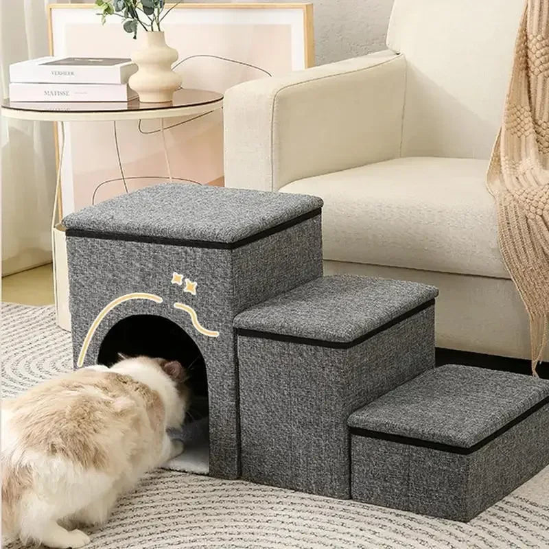 Folding Pet Stairs Bed 3-Step Cat Dog Removable Stairs Pet To Ramp Ladder Anti-slip Stairs Puppy Bed Storage Box Pet Supplies
