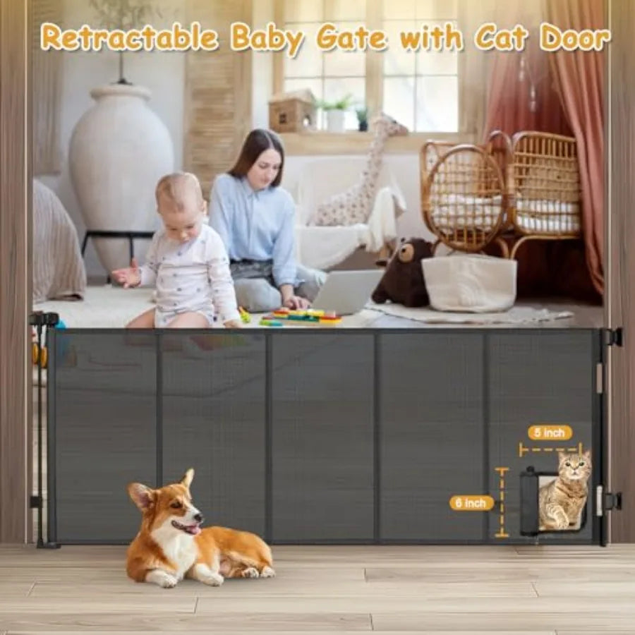Reinforced Extra Wide Retractable Pet Gate With Cat Door For Doorways