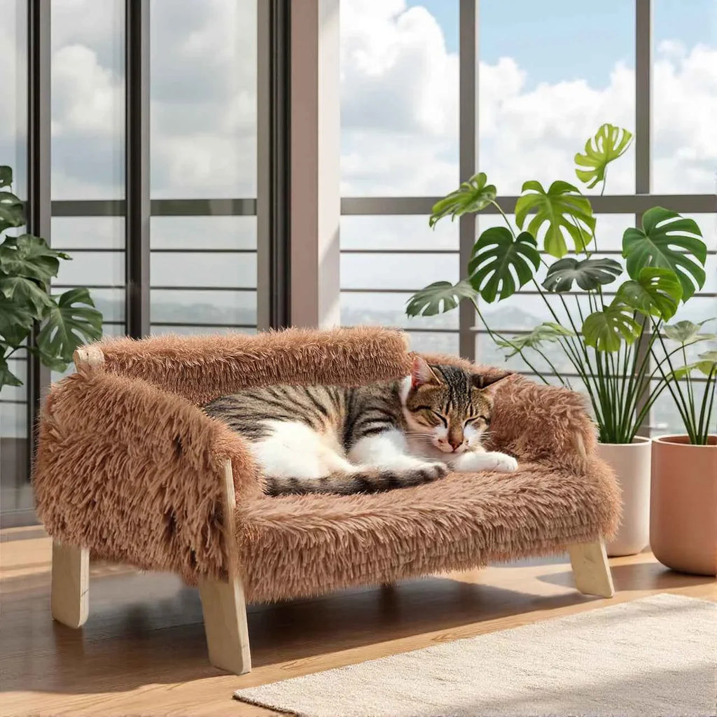 Raised Cat Sofa Bed with Wooden Legs – Plush Pet Couch for Cats and Small Dogs