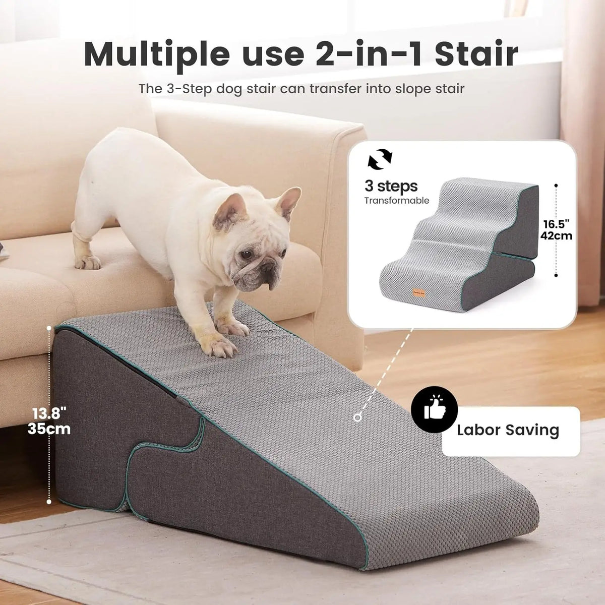 Dog Stairs for Small Dogs 16.5' H, 2 in 1 Transformable 3-Step Pet Stairs and ramp, Dog Steps for Couch (13-20 in) with Durable