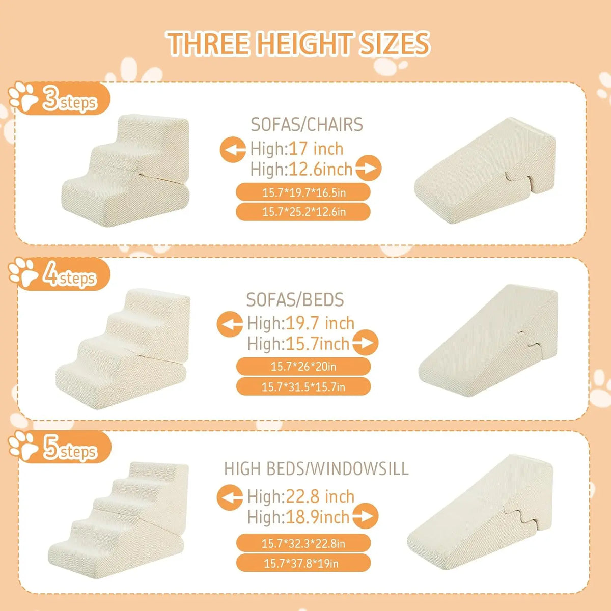 Dog Ramp for Bed, 16.5' H Dog Stairs for High Bed, 2 in 1 Pet Steps for Small Dogs, 3-Step Foldable Transformable Large Cats Ram