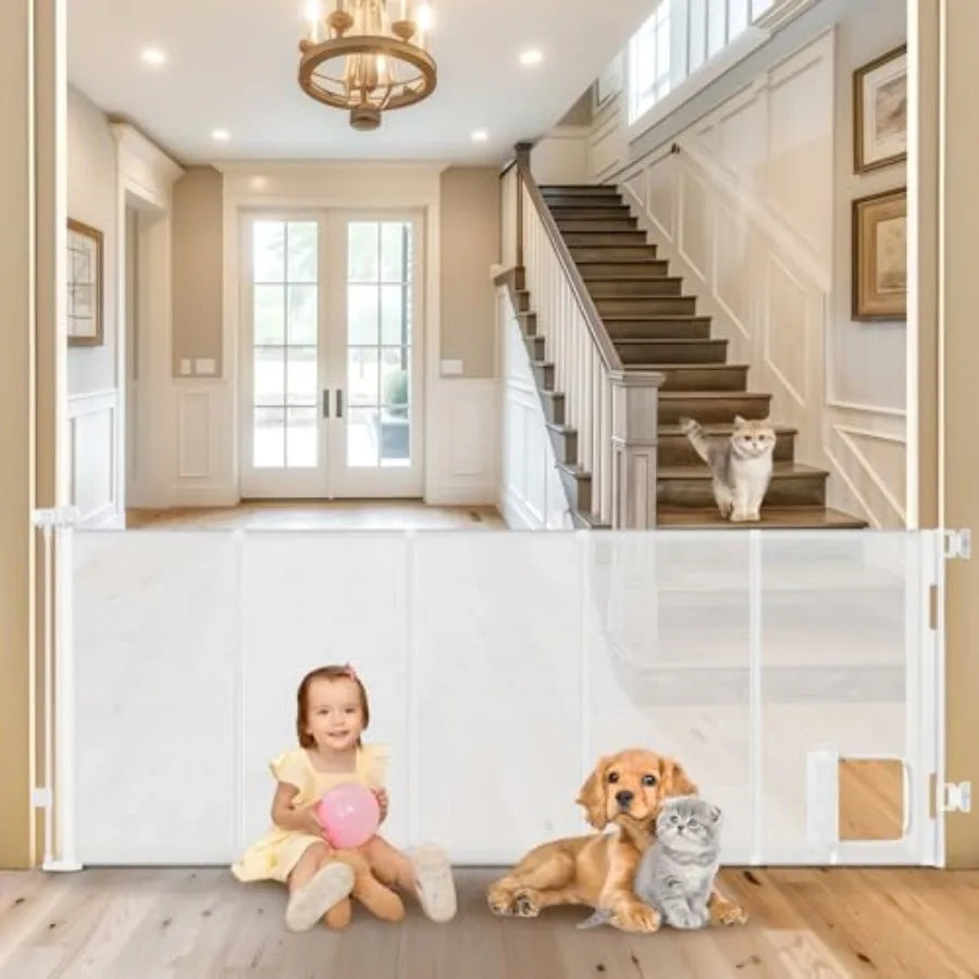 Reinforced Extra Wide Retractable Pet Gate With Cat Door For Doorways