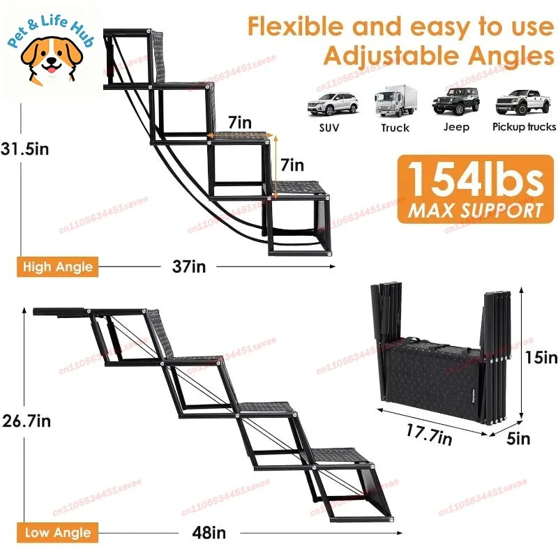 Portable Foldable Car Pet Ramp, Non-Slip Adjustable Vehicle Step Ladder, Aluminum Alloy Assist Stairs for Dogs Cats