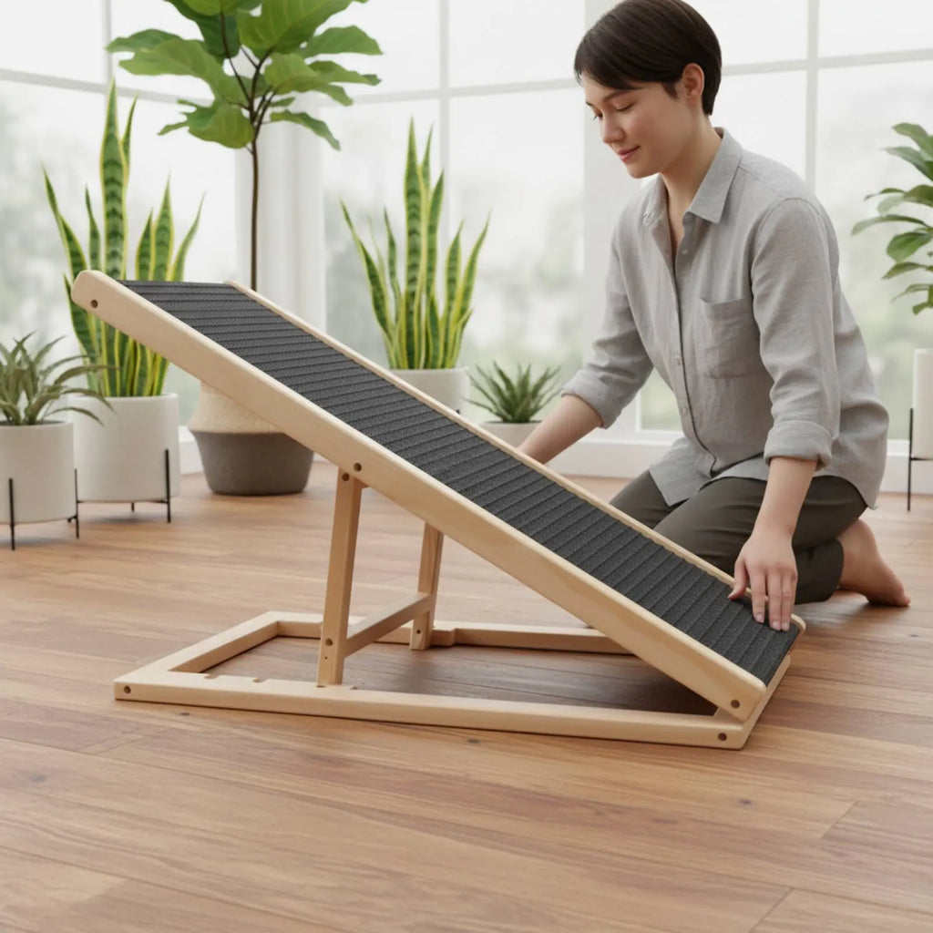 Adjustable Wooden Pet Ramp Space-Saving Foldable Dog Stairs Foldable Dog Ramp Strong Load-Bearing Wooden Pet Ladder for Bed
