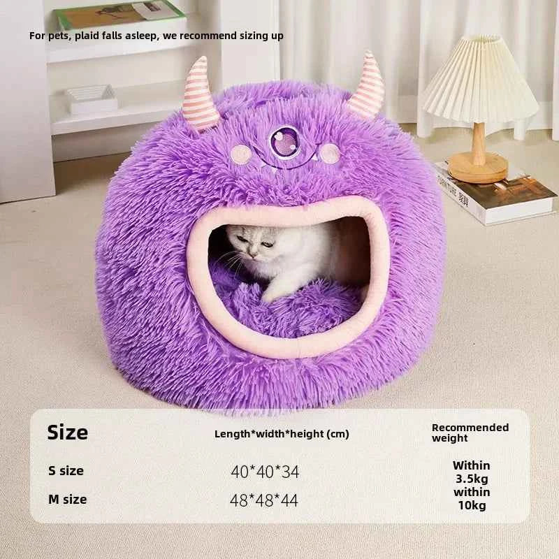 Kawaii Cartoon Monster Pet Bed (Up to 18.9 in) - Fully Enclosed Cat House Winter Warm