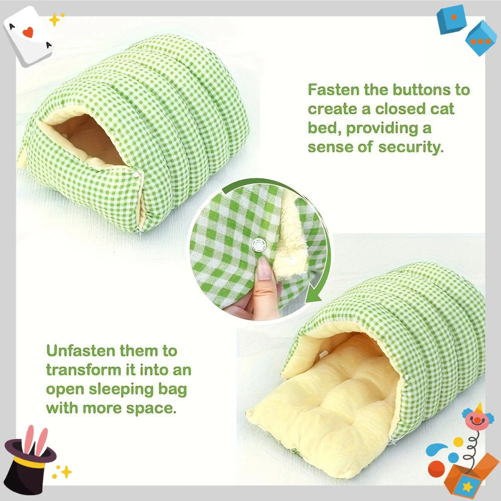 Large all-season cat house (including a warm winter bed) – with decorative panels and a fully enclosed comfortable sleeping bag.