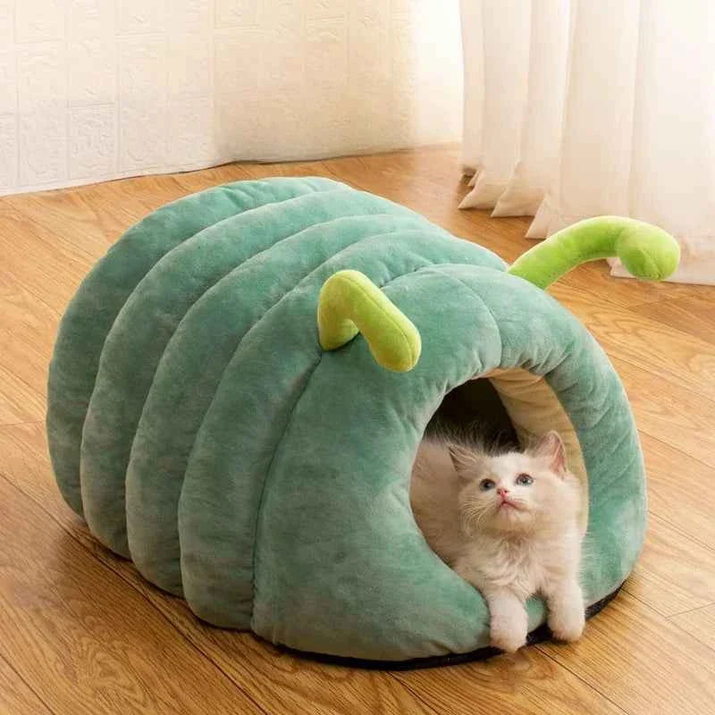 Kawaii Cartoon Caterpillar Pet Bed (Up to 23.6 in) - Warm Soft Plush Cat/Dog House