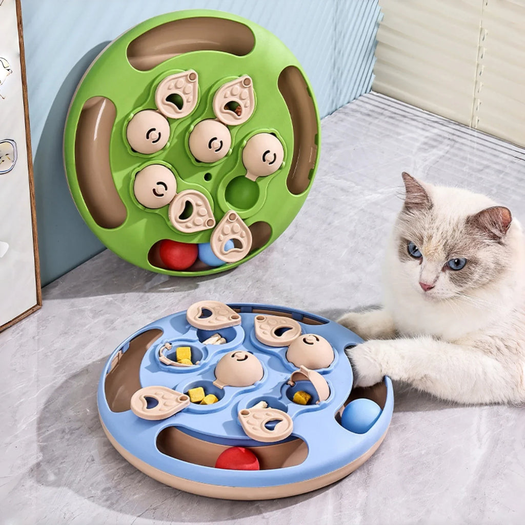 2-in-1 Cat Treat Puzzle Feeder Non-Slip Smart Cat Puzzle Toy Interactive Cat Turntable Slow Food Dispenser for Cats and Dogs