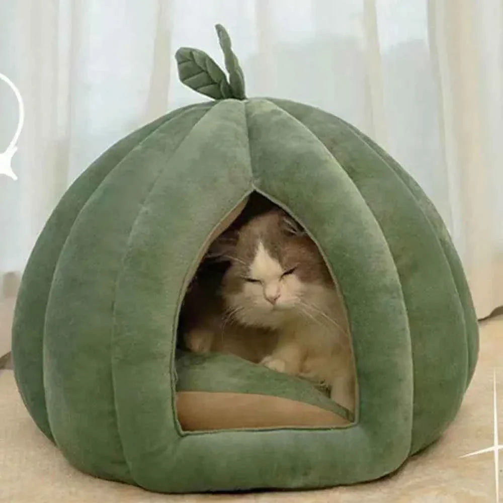 Cute Pumpkin Cat Bed (Up to 19.7 in) - Winter Warm Flannel Kitten Puppy Nest