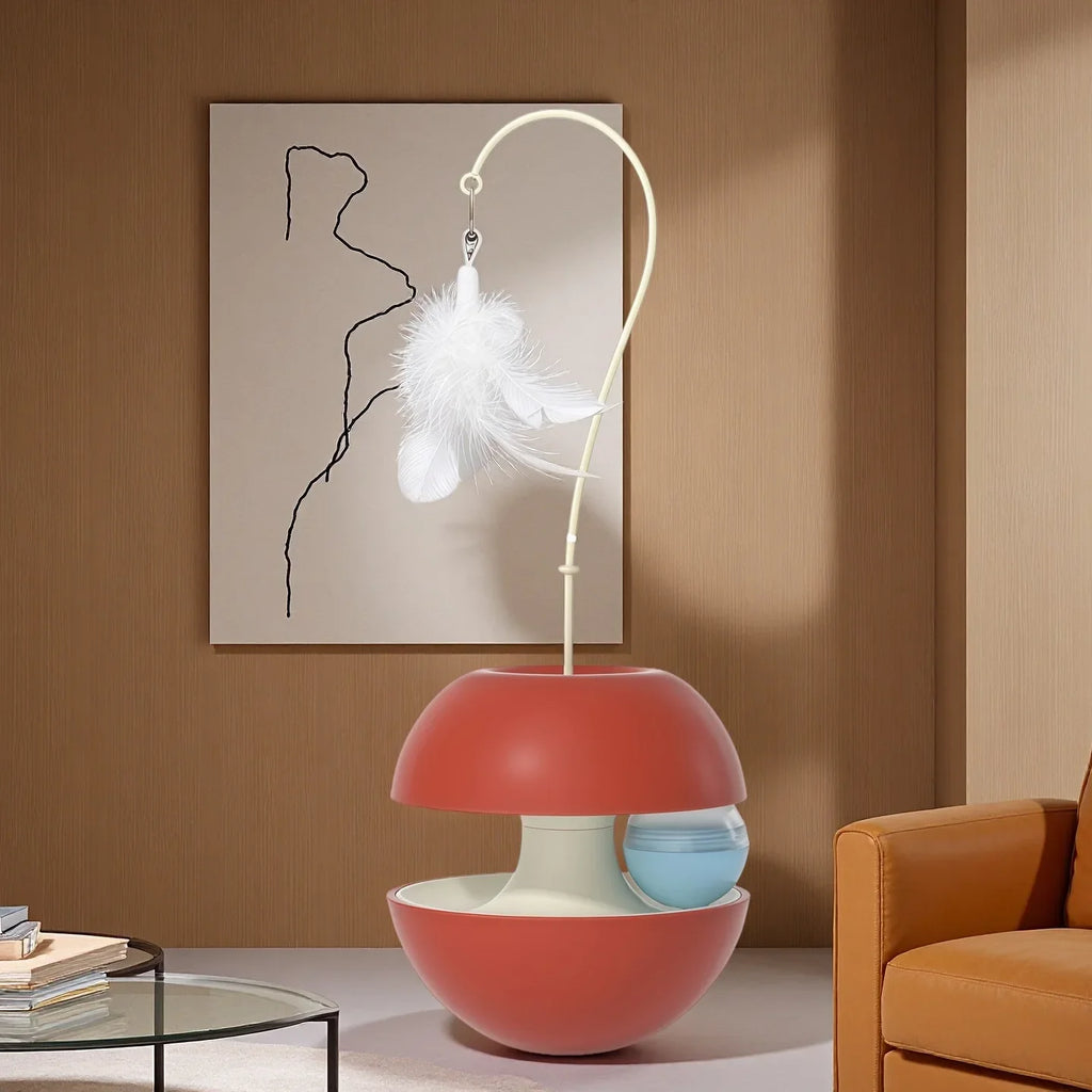 360° Multifunctional Cat Toys Wobble Treat Dispenser with Bell Feather Wand, Rolling Ball Interactive Cat Feeder Toy for Indoor
