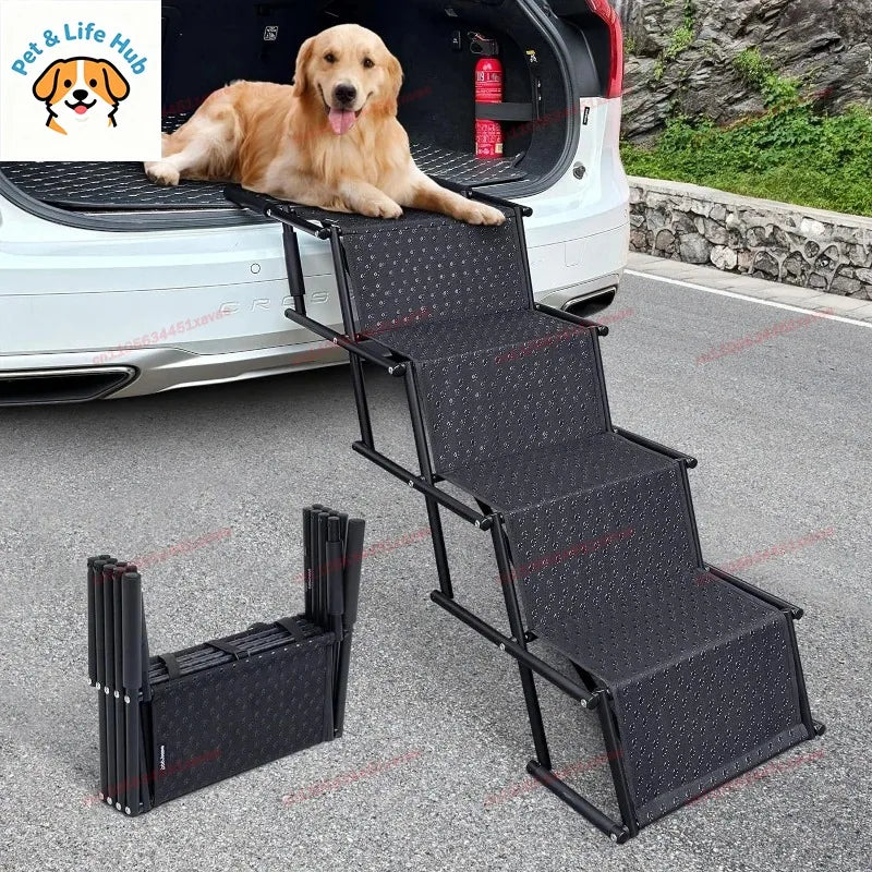 Portable Foldable Car Pet Ramp, Non-Slip Adjustable Vehicle Step Ladder, Aluminum Alloy Assist Stairs for Dogs Cats