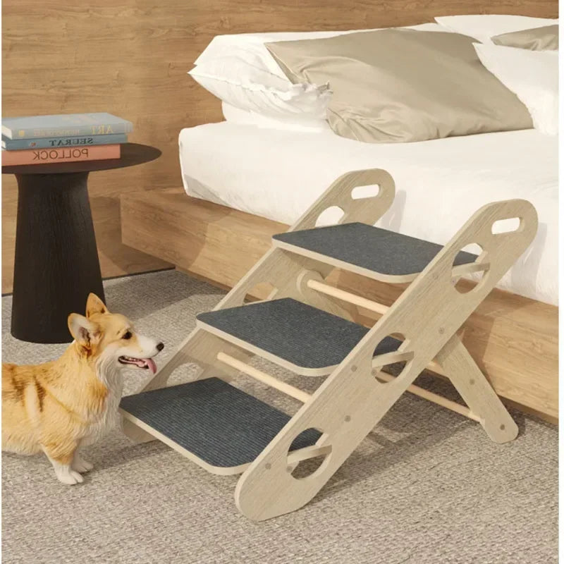 Solid Wood Folding Climbing Ladder for Elderly Dogs Anti-Slip Step Stool Pet Ramp for Sofa Bedside Strong Load-Bearing Dog Ramps