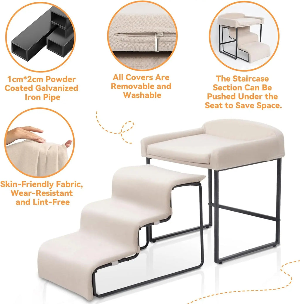 Dog Window Perch with Stairs, Pet Stairs Ramp with Seat, Dog Perch to Look Out Window with Ramp, Lounge Elevated Dogs Bed, Small