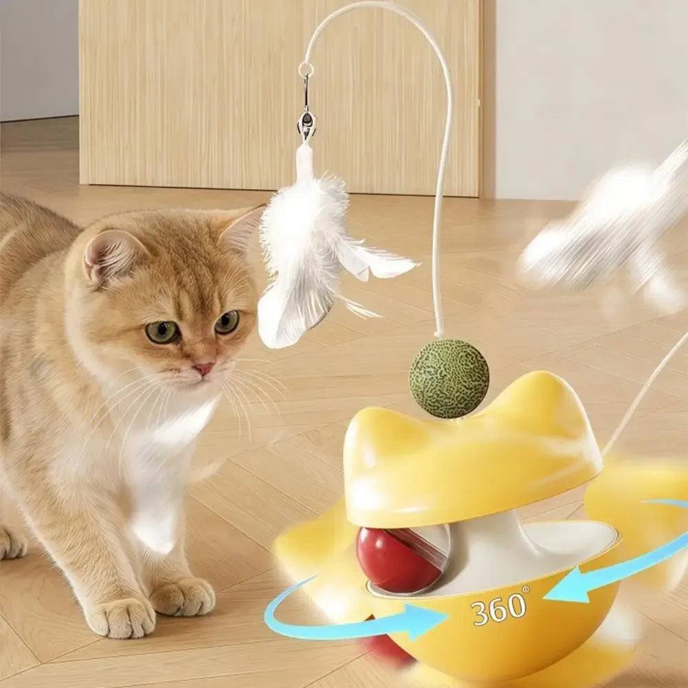 360° Multifunctional Cat Toys Wobble Treat Dispenser with Bell Feather Wand, Rolling Ball Interactive Cat Feeder Toy for Indoor