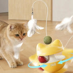 360° Multifunctional Cat Toys Wobble Treat Dispenser with Bell Feather Wand, Rolling Ball Interactive Cat Feeder Toy for Indoor