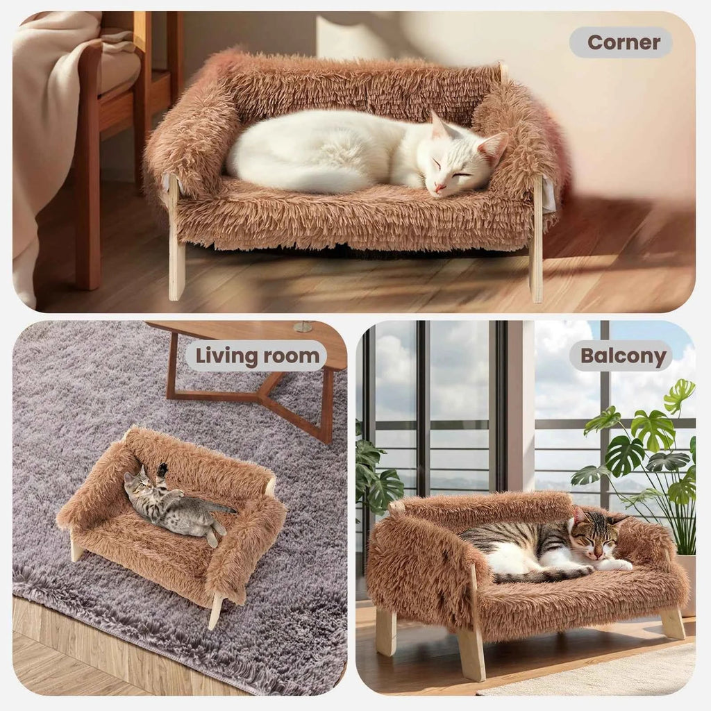 Raised Cat Sofa Bed with Wooden Legs – Plush Pet Couch for Cats and Small Dogs