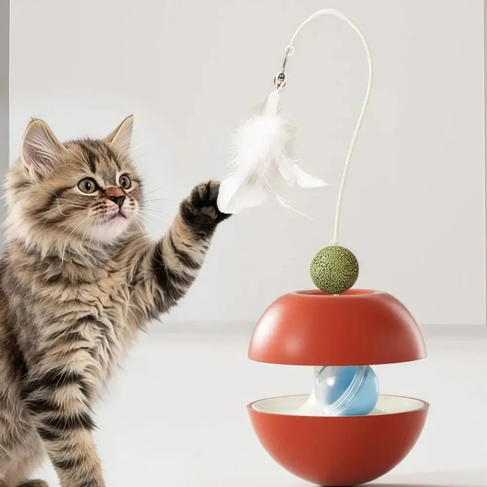 360° Multifunctional Cat Toys Wobble Treat Dispenser with Bell Feather Wand, Rolling Ball Interactive Cat Feeder Toy for Indoor